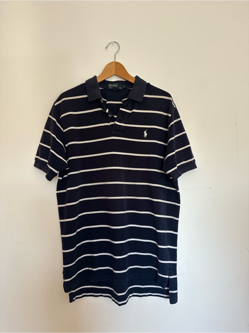 Vintage 90s Polo Ralph Lauren Striped Polo Shirt Navy Blue White Size L